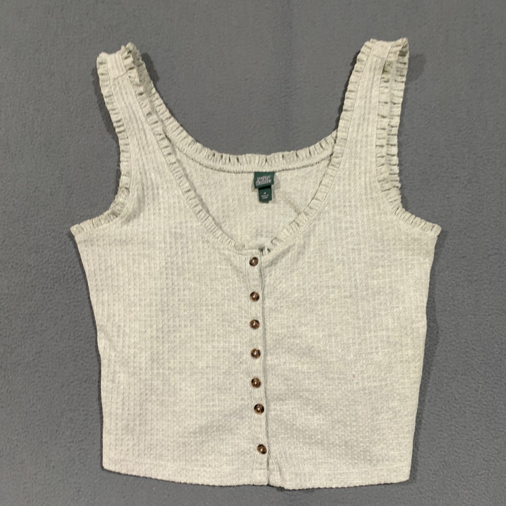 Wild Fable Tank Top‎ Women M Gray Waffle Knit Button Front Ruffle Crop Thermal